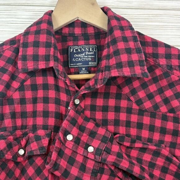 CACTUS Men's Flannel Shirt Med Buffalo Check‎ Red Black Pearl Snap Button Up - Picture 1 of 8